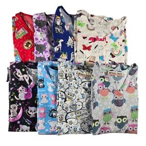 Lot of 8 Women's Large Scrub Tops Cats Dogs Owls Animal Print Mixed Brands Vet